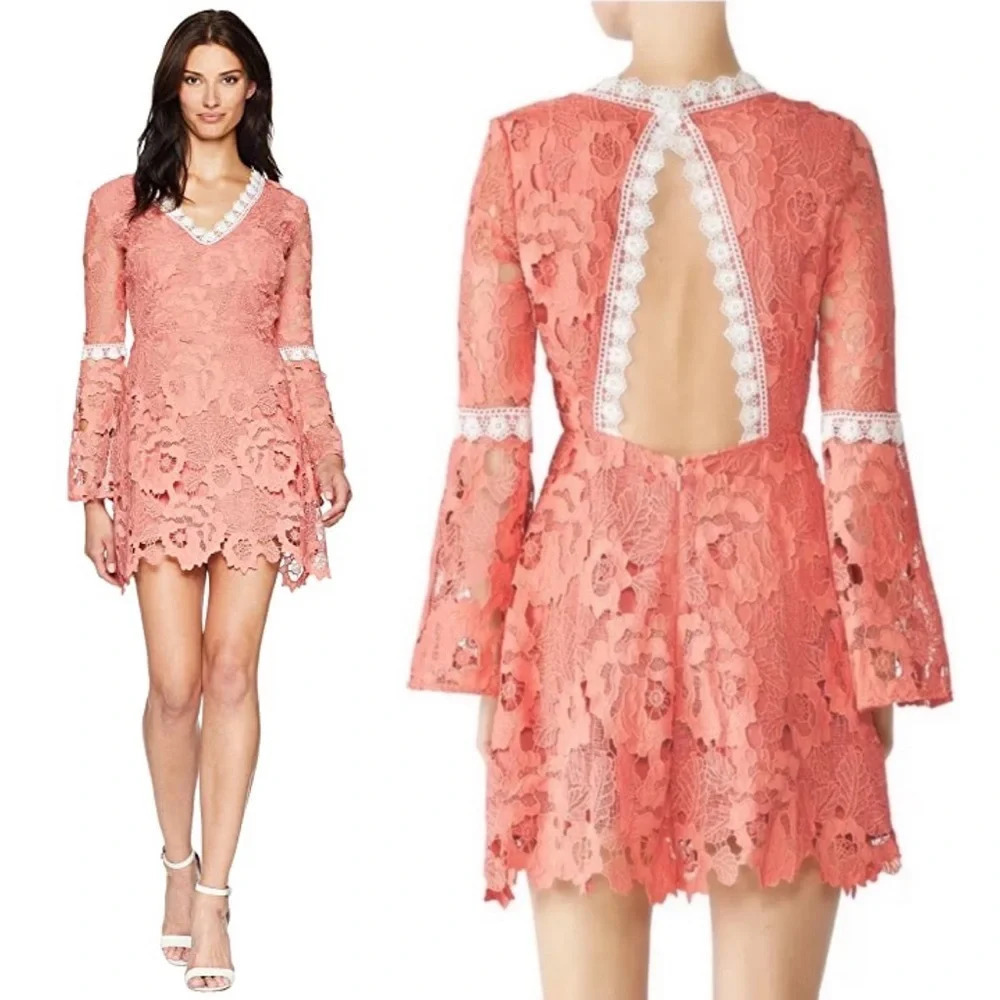 Alexia Admore Pink Contrast Crochet Lace Fit & Flare Mini Dress Size XS